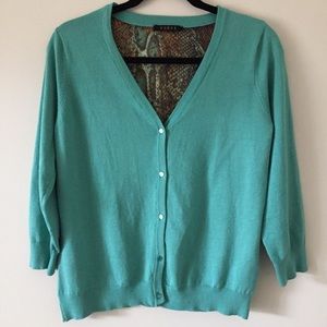Cyrus Green With Snake Print Knit/Chiffon 3/4 Sleeve V-Neck Cardigan Size US L